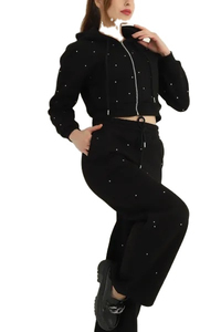 Women's Black Hooded Crop <b>Top</b> Tracksuit Set Rhinestone Detail Full Sleeve Zipper Casual Sportswear Solid Color Winter Quick Dry - Product Image 2