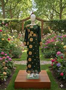 Caftán Verde Bosque Adornado a Mano con Bordado Floral Hexagonal Dorado Intrincado y Artesanía Tradicional - Product Image 2