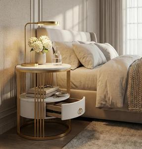 Modern <b>Round</b> Nightstand with Marble Top and Metal Frame Storage Drawer for Bedroom Furniture - Product Image 6