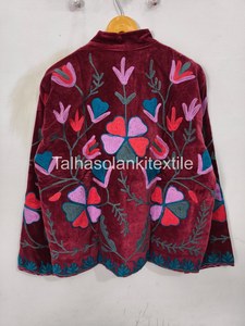 Red Velvet Suzani Jacket Handmade Full Sleeve Autumn <b>Women's</b> <b>Coat</b> Floral Embroidered Jacket <b>Coat</b> - Product Image 2