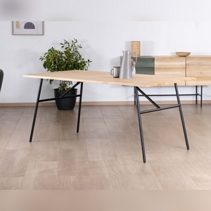 Vandana Ivory Volume <b>dining</b> <b>table</b> in a minimalist Japanese style with a wooden <b>top</b> and metal legs - Product Image 1