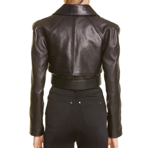 Women's Genuine <b>Leather</b> <b>Blazer</b> Full Sleeve Spread Collar Belted Closure Solid Color Autumn Wear Short Length - Product Image 6