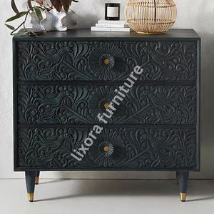 Luxury Handcrafted Solid Wood 3 Drawer Dresser Ornate Peacock Floral Vine Carving Matte Black Finish - Product Image 5