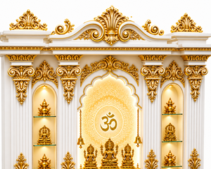 Armoire de rangement de temple domestique de luxe en or blanc, éclairage LED, en teck fait main, design moderne, mobilier de temple Pooja pour la maison - Product Image 4