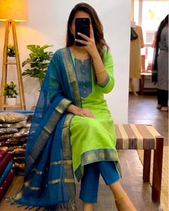 Ensemble Salwar Kameez pour femmes indiennes et pakistanaises, Kurta brodée, Palazzo, Dupatta, tenue de fête et de mariage, coton Kanchi, séchage rapide - Product Image 2