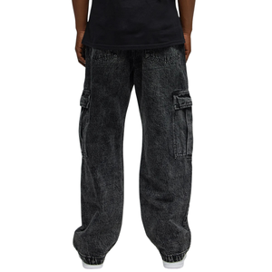 Jean cargo en denim noir délavé pour homme, coupe droite décontractée, multi-poches, style utilitaire, streetwear vintage, décontracté, 100% coton, boutonné - Product Image 2