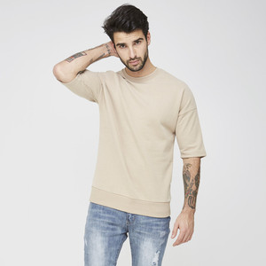 Sweat-shirt à col rond beige pour homme, manches courtes, coupe classique, tricoté, couleur unie, pull décontracté, hiver, 100% coton, écologique - Product Image 3