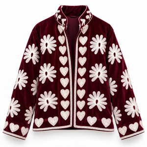 Blouson Bomber Sujani en Coton Khadi Tricoté Respirant Entièrement Brodé à la Main 100% Velours Matelassé Réversible Mandarin - Product Image 6