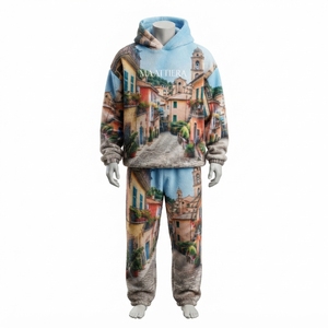 Conjunto de Chándal para Hombre con Sudadera con Cremallera y Estampado de Pueblo Azul, Pantalones de Pierna Ancha, Estilo Urbano Personalizado, Moda Casual a Juego - Product Image 3