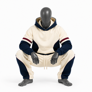 Ensemble de survêtement à capuche pour homme avec blocs de couleur, manches longues, pantalon de jogging à cordon, tenue décontractée d'automne, 100 % coton - Product Image 3