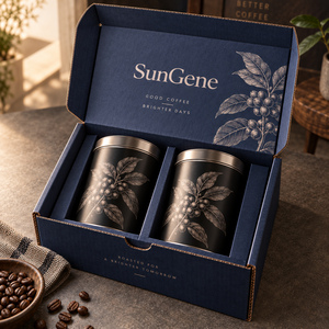 กล่องไปรษณีย์กระดาษลูกฟูกพิมพ์ลายสำหรับบรรจุกระป๋องกาแฟคั่ว ยี่ห้อซันเจน รุ่นเฮฟวี่-ดิวตี้ สีอินดิโก้และซาตินแพลตตินัม - Product Image 2