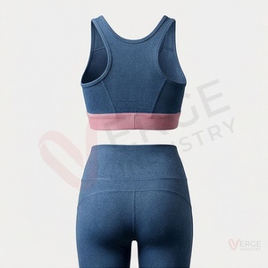 Conjunto de yoga sin costuras para mujer, 2 piezas, top corto con bloques de color y leggings de cintura alta - Product Image 2