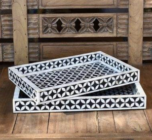 Bandeja Rectangular Decorativa con Incrustaciones de Hueso, Estilo Náutico Animal, Diseño a Rayas Negras, Hecha a Mano, Decoración para el Hogar, India - Product Image 2
