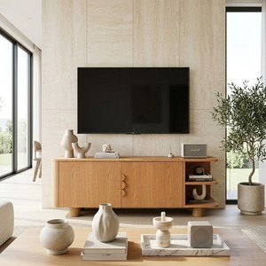 Soporte de TV Minimalista Hecho a Mano de Madera de Pino con Estantes Abiertos, Diseño Moderno, Montaje en Suelo para Sala de Estar, Compatible con Televisores de 65 Pulgadas o Más - Product Image 1