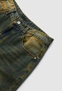 Jean Baggy Léger Coupe Droite en Coton Denim Selvedge Brut avec Boutons Décoratifs Respirant Uni - Product Image 5