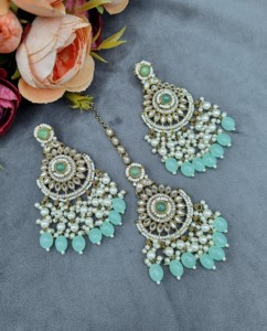 Handcrafted Round Stone Heavy Choker Necklace With Earrings And Mangtika Traditional Ethnic Designer Fashion Jewellery Wholesale - Product Image 4