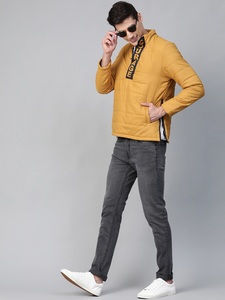 Blouson matelassé jaune moutarde pour homme, demi-zip, col montant, coupe-vent décontracté en polyester, pour l'automne - Product Image 2