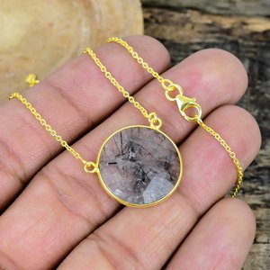 Natural <b>Black</b> Rutile Round Shape Charm Gemstone <b>Chain</b> Necklace 18k Gold Micron Over 925 Sterling Silver - Product Image 2