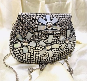 <b>Silver</b> Plated Metal <b>Clutch</b> Bag With Flower Design And Mirror Tiles Irregular Shape Craft - Product Image 1