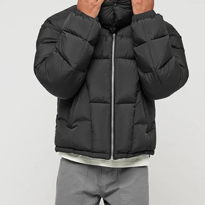 Chaqueta Acolchada Negra para Hombre, Cortavientos, Color Sólido, Cierre de Cremallera, Cuello Alto, Abrigo Casual de Invierno, Corte Regular, Relleno de Poliéster - Product Image 1