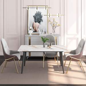 Table à manger rectangulaire moderne 55x27,5 pouces avec plateau en pierre frittée blanche et pieds en métal noir, table à manger en ardoise haute dureté - Product Image 1