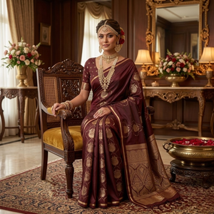 ผ้าส่าหรีผ้าซาตินสีแดงเลือดหมูทอมืออย่างหรูหรา พร้อมขอบปักดิ้นทอง |   ชุดส่าหรีงานแต่งงานแบบดั้งเดิมที่สง่างามสำหรับผู้หญิง - Product Image 3