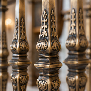Rampe en bronze vintage avec balustres coniques à motifs floraux, main courante en métal et balustrade décorative - Product Image 3