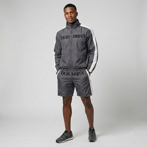 Men’s Streetwear Tracksuit Set – Gray Zip-Up <b>Jacket</b> & Shorts with Bold <b>Gothic</b> Lettering | Sporty Casual Outfit for Men - Product Image 3