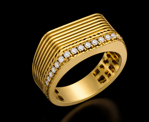 Bague de déclaration pour homme en diamant de laboratoire, or jaune, bande rainurée multi-rangs, accent diamant, certifiée IGI, pour fiançailles et anniversaire - Product Image 1