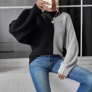 Women's Asymmetric Color Block Knitted Pullover Crew Neck Long Sleeve Batwing Sweater Anti-Pilling Autumn Wear - Product Image 4