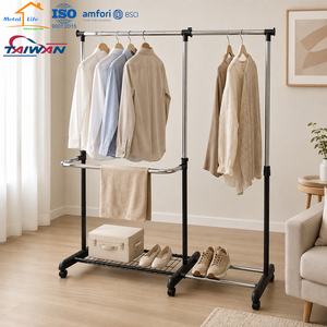 Porte-vêtements à roulettes robuste à double rail en métal avec étagère à chaussures et barre porte-serviettes - Product Image 3