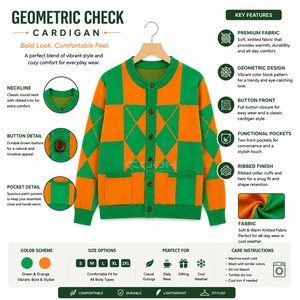 Cosh International Sisterhood Sorority Green <b>Orange</b> Geometric Knitted <b>Cardigan</b> <b>Women</b> Long Sleeve Casual Crew Neck Button Front - Product Image 6