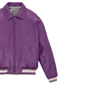 University <b>Mens</b> Purple Leather Bomber <b>Jacket</b> Ribbed Collar Cuffs Zip Up Vintage Varsity <b>Flight</b> <b>Jacket</b> Autumn Wear - Product Image 3