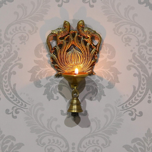 Antique Brass <b>Bird</b> Design Wall Hanging Diya with Bells Handcrafted Hanging Oil Lamp <b>Decorative</b> Brass Wall Accent Traditional - Product Image 1