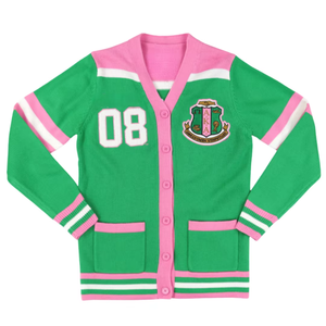1908 Green Pink <b>Cardigan</b> Women Knit Button <b>Sweater</b> Chenille Embroidery Greek Sorority Apparel Long Sleeve Stylish fit - Product Image 1