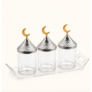 Ensemble de 3 pots en verre de luxe avec couvercles en forme de croissant de lune dorés et plateau en acrylique, élégant pour le Ramadan et l'Aïd, vente en gros, style arabe, bonbons - Product Image 3