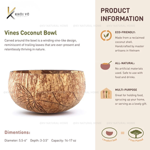 Artesanía Vietnamita 100% Ecológica, Tazón de Cáscara de Coco Reciclada con Diseño de Hojas Bohemio Vintage, KV NATURAL HOME para Frutas - Product Image 3