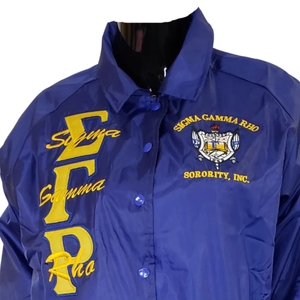 เสื้อแจ็คเก็ตกันลมสีน้ำเงินรอยัลสำหรับผู้หญิง ปักลาย Sigma Gamma Rho แขนยาว ติดกระดุมด้านหน้า มีปก น้ำหนักเบา สวมใส่สบาย - Product Image 2
