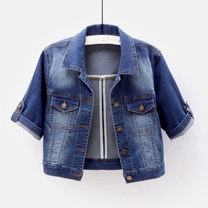 Women's 3/4 Sleeve Eco-Friendly <b>Cropped</b> <b>Denim</b> <b>Jacket</b> Light Wash Crop Top Turn-Down Collar Pocketed Casual Streetwear Y2K Summer - Product Image 1