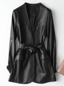 Black PU <b>Leather</b> V-Neck Bomber Jacket <b>Belt</b> Tie Waist Long Sleeve Lightweight Breathable Casual Regular Coat Autumn Wear - Product Image 6