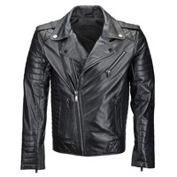 Blouson moto en cuir de vachette noir pour homme, col rabattu, fermeture éclair, manches classiques, couleur unie, coupe ajustée, pour l'automne