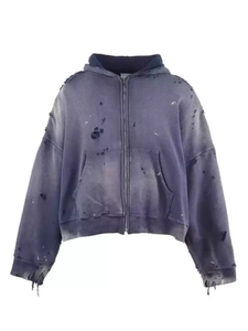 Unisex Oversized Crop <b>Zip</b>-Up <b>Hoodie</b> Solid Dripping Washed Cotton French Terry <b>Pocket</b> Regular Sleeve Autumn Streetwear - Product Image 1