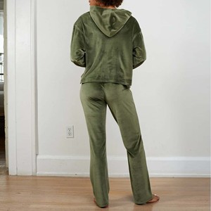 Women's Oversized Hooded <b>Velour</b> <b>Sweatshirt</b> Solid Green Full Sleeve Regular Length Breathable Cotton Autumn Winter Front Logo - Product Image 4