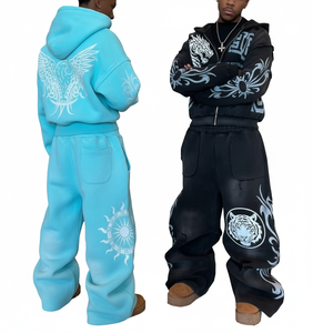 High Quality Customize Streetwear 500gsm Cropped Hoodie 100% Cotton Distressed Sweatpants and Zip up Acid Washed Hoodie <b>Set</b> - Product Image 1