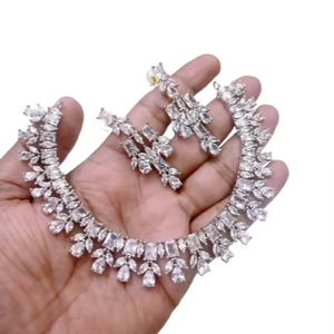 Classic <b>Silver</b> Plated Rhinestone <b>Necklace</b> & Earrings Set for Wedding and Evening Wear - Product Image 1