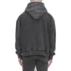 Custom Acid Wash Knit Oversized Hoodie Distressed Pullover No <b>String</b> Heavyweight Unisex Boxy <b>Black</b> Acid Wash Oversized Men - Product Image 6