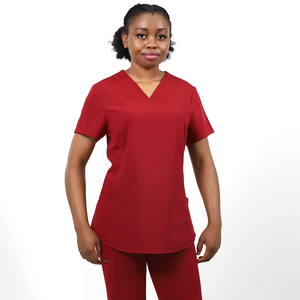 2026 New Women's Red V-Neck <b>Scrub</b> Top With Front Pockets Hospital <b>Uniform</b> Polyester Woven Fabric - Product Image 1