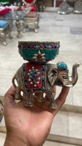 Elefante decorativo Chapado en plata, cuenco antiguo con un tazón, amuleto de la buena suerte, elefante, Pooja, Mandir - Product Image 3