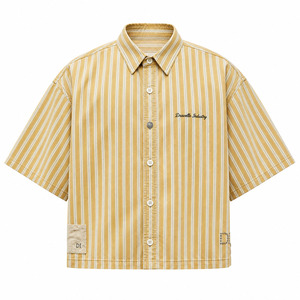 Chemise Y2K rayée jaune moutarde pour homme, coupe oversize, effet vieilli, motif numéro 7, manches courtes, style streetwear, boutonnée, vente en gros - Product Image 3