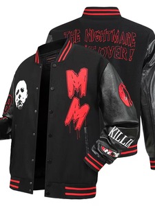Premium Quality 100% Cotton Custom Men's Black Red Logo Embroidery Leather Sleeve Breathable High Street Style Varsity <b>Jacket</b> - Product Image 1